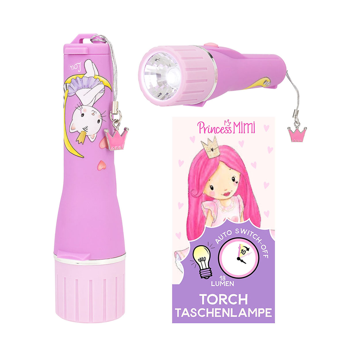 Princess Mimi Taschenlampe lila mit Kronenanhänger, Prinzessin Mimi mit Katze Lou und Hase Nelly, Depesche