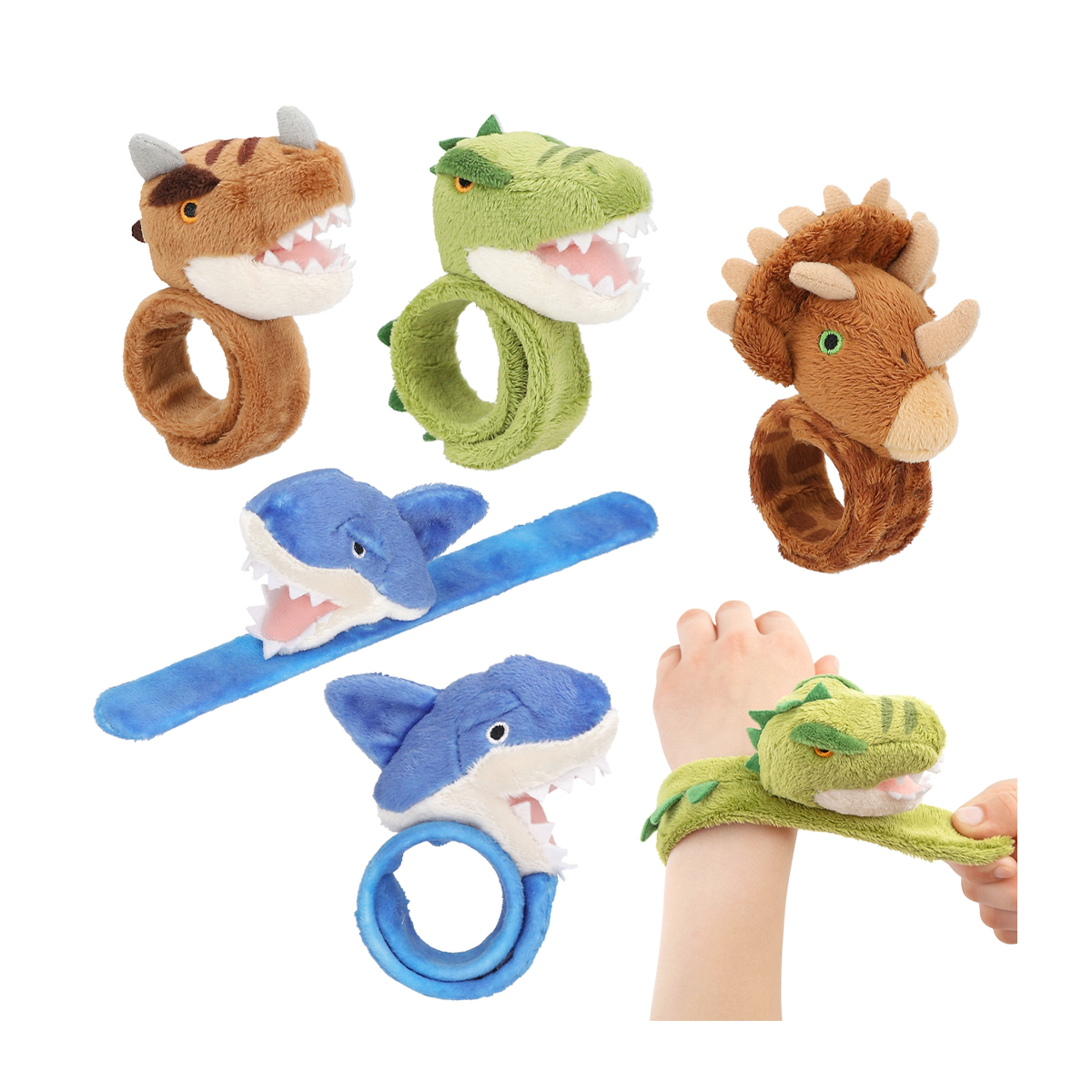 Dino World Klip Klap Armband aus Plüsch, Hai, T-Rex, Triceratops oder Ceratosaurus, Depesche