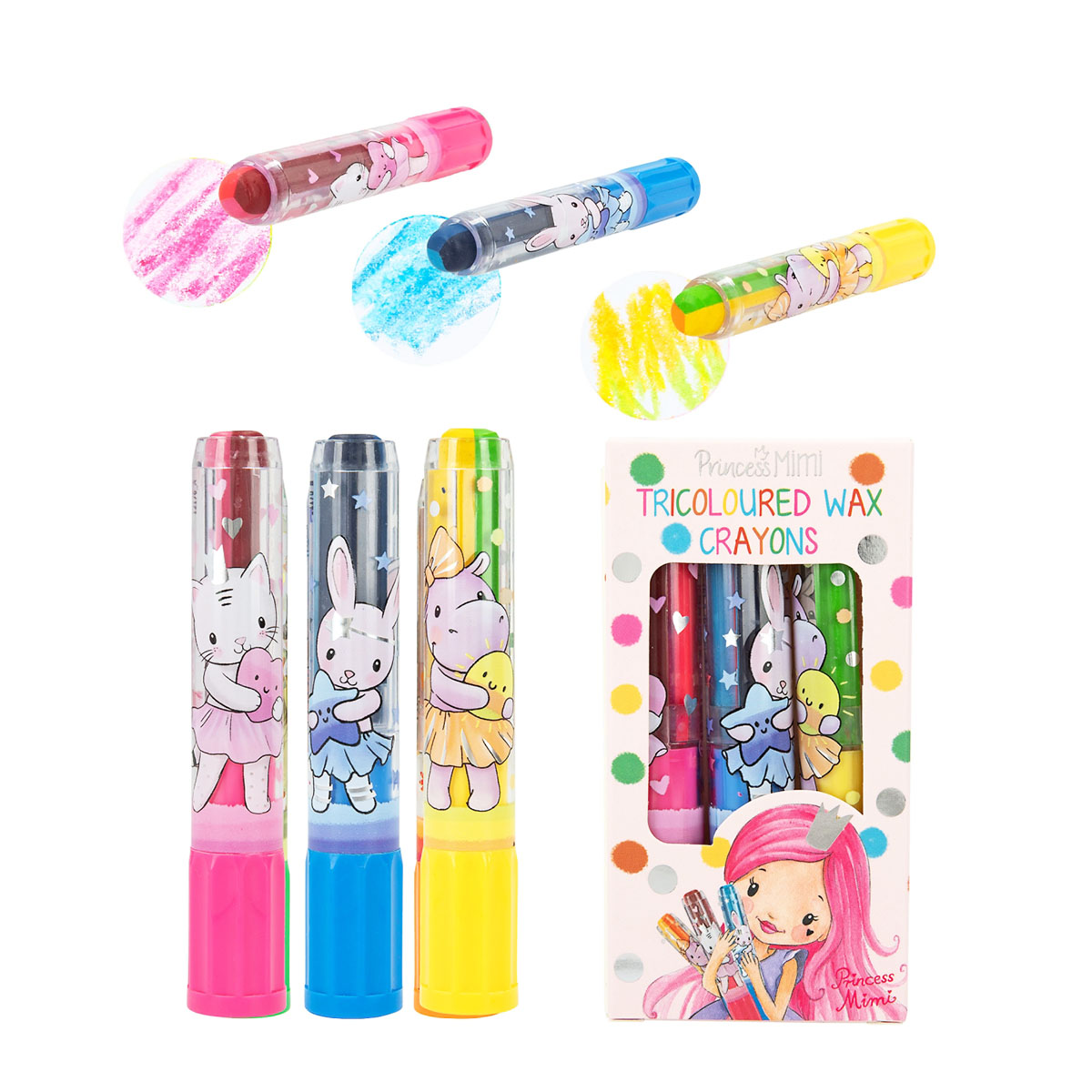 Princess Mimi Tricolour Wachsmaler Set, Prinzessin Mimi 3 Wachsmalkreide mit Katze Lou und Hase Nell