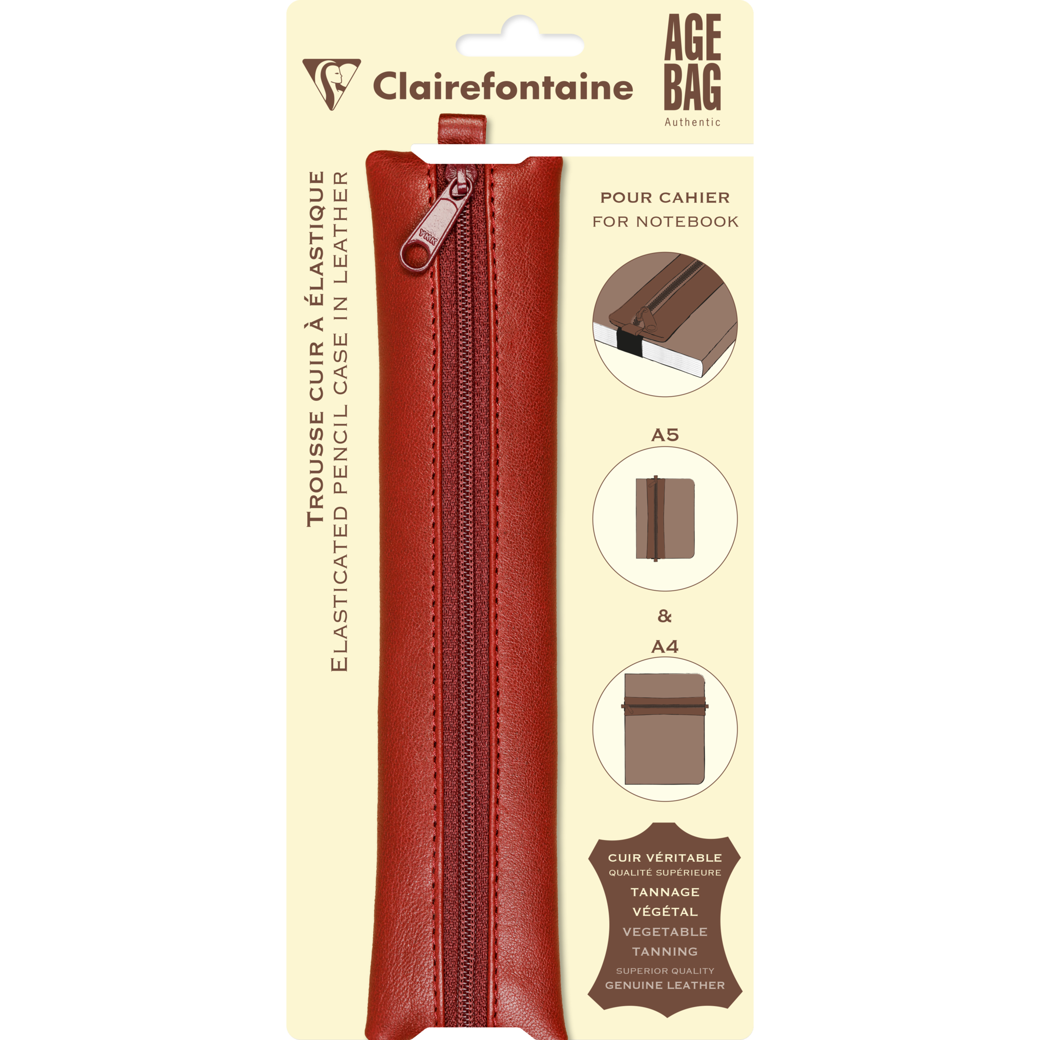 Age Bag, Flaches Schlampermäppchen aus Leder für Notizbuch, 20x4,5 cm - Rot