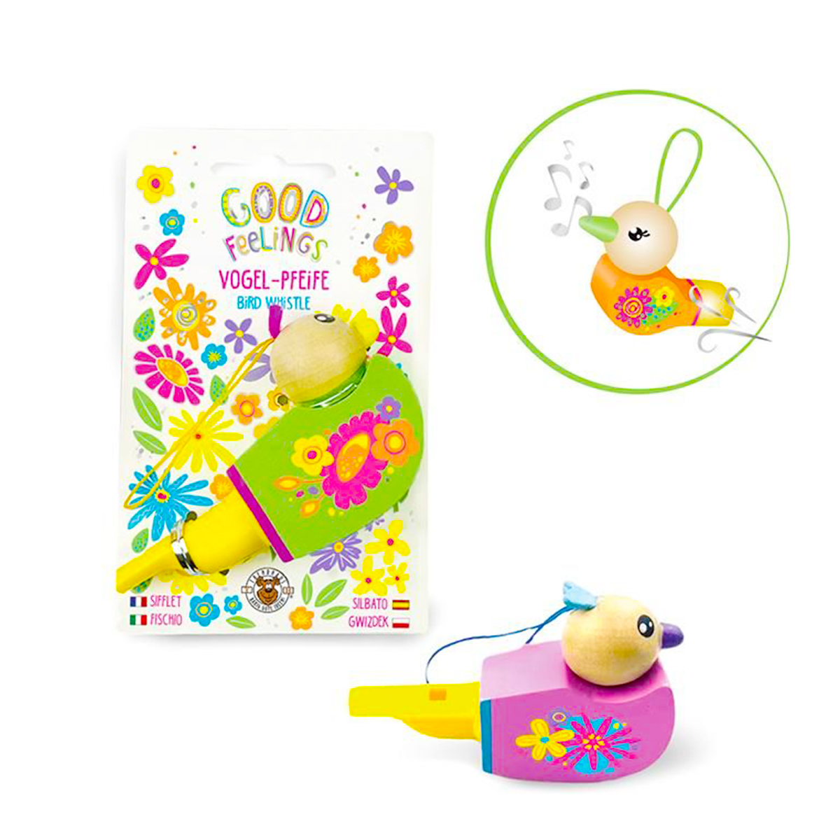 Kinder Zwitscher Pfeife, GFH Vogel-Pfeife aus Holz, grün, pink oder orange, Trendhaus