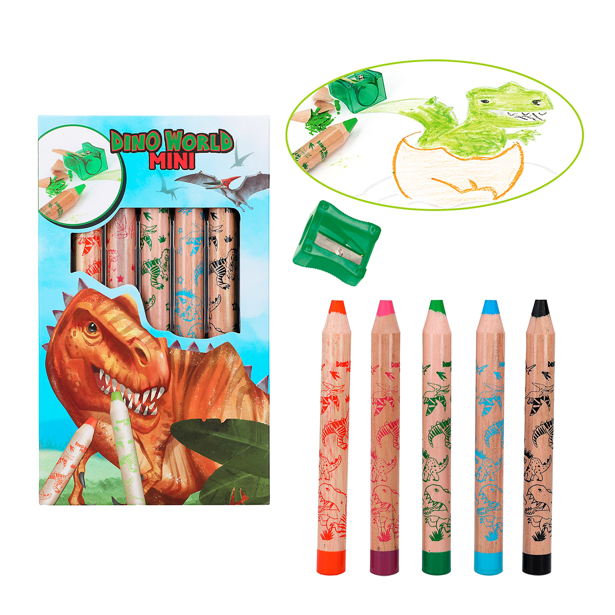 Dino World Mini Dino Buntstifte & Anspitzer, dicke Buntstifte mit Dinosauriermotive, Depesche