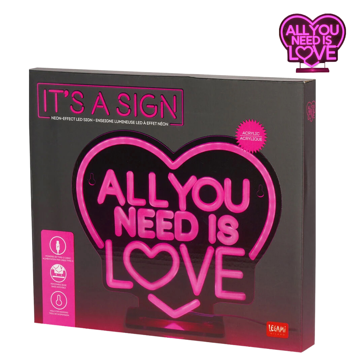Legami LED-Lampe mit Neoneffekt, All You Need is Love, It’s a Sign pink