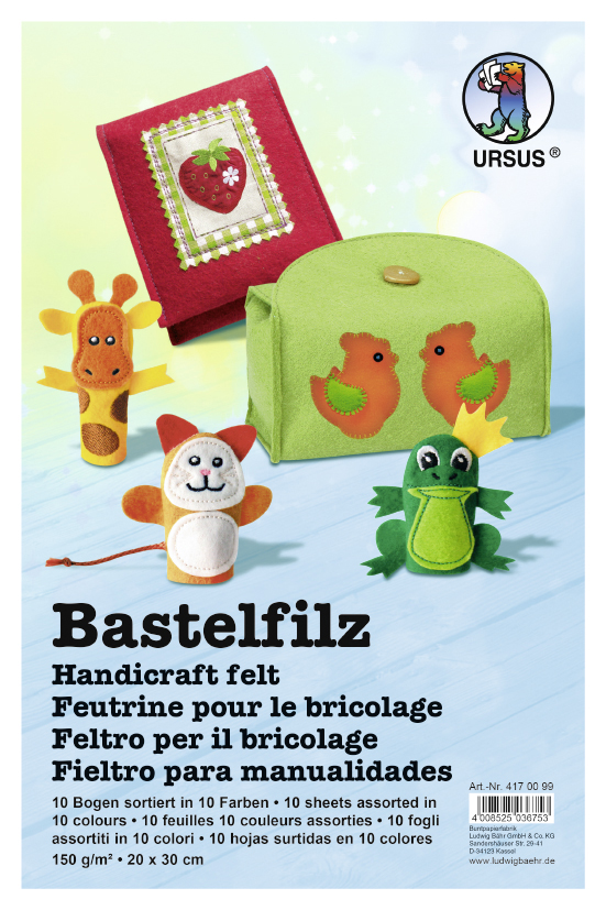 Bastelfilz  150g/qm, A4, 10 Bögen sortiert in 10 Farben, Ursus