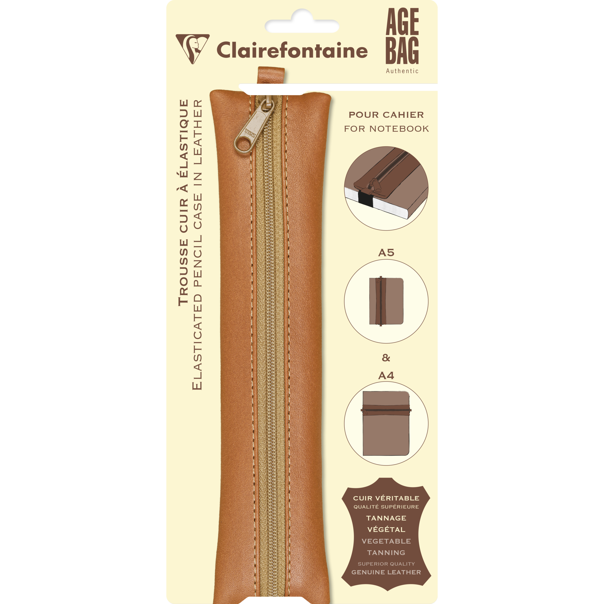 Age Bag, Flaches Schlampermäppchen aus Leder für Notizbuch, 20x4,5 cm - Tabak