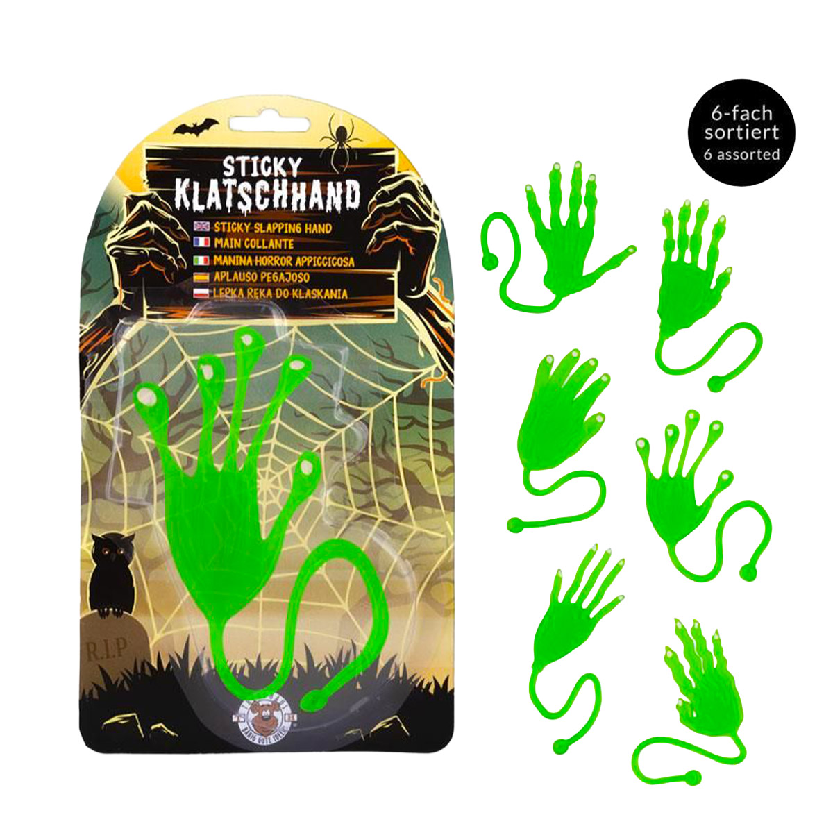 Klebrige Klatschhand monster-grün, ZOMBIE ZONE Sticky Klatschhand, 6-fach sortiert,Trendhaus