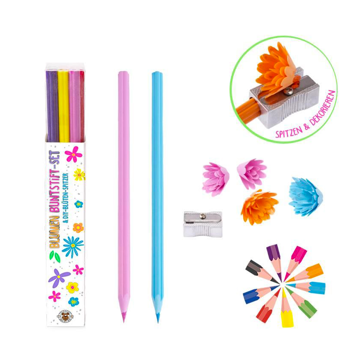 Buntstifte Blumen mit Spitzer, GFH Buntstift-Set mit Spitzer 10-teilig, Trendhaus