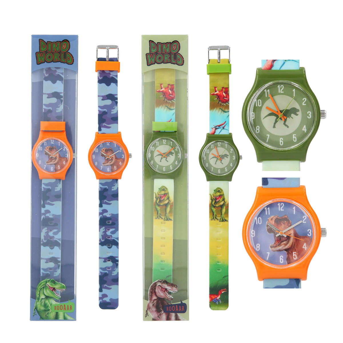 Dino World Silikon-Armbanduhr, Armbanduhr blau oder grün mit Dinosaurier-Motiven, Depesche