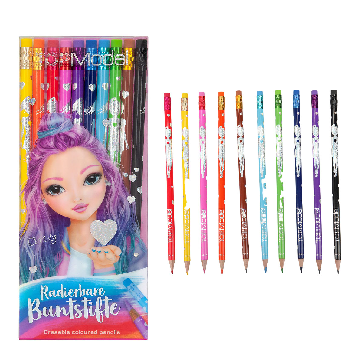 TOPModel Radierbare Buntstifte, 10 Stifte in 10 leuchtenden Farben mit Radiergummi-Aufsatz, Depesche