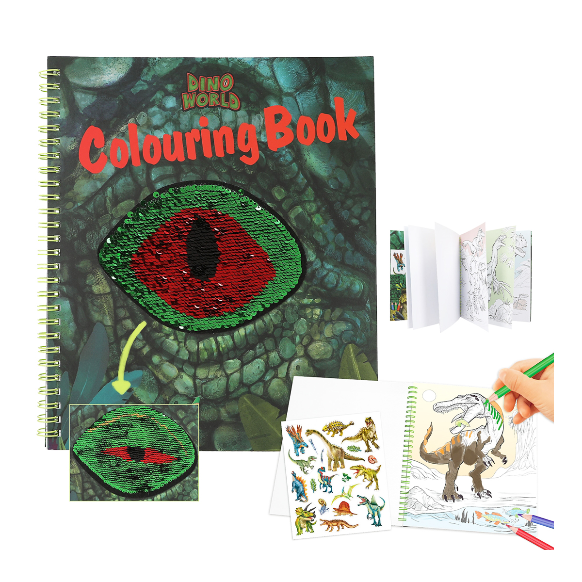 Dino World Malbuch Dinosaurier mit Sticker, Pailletten-Auge-Cover, Depesche