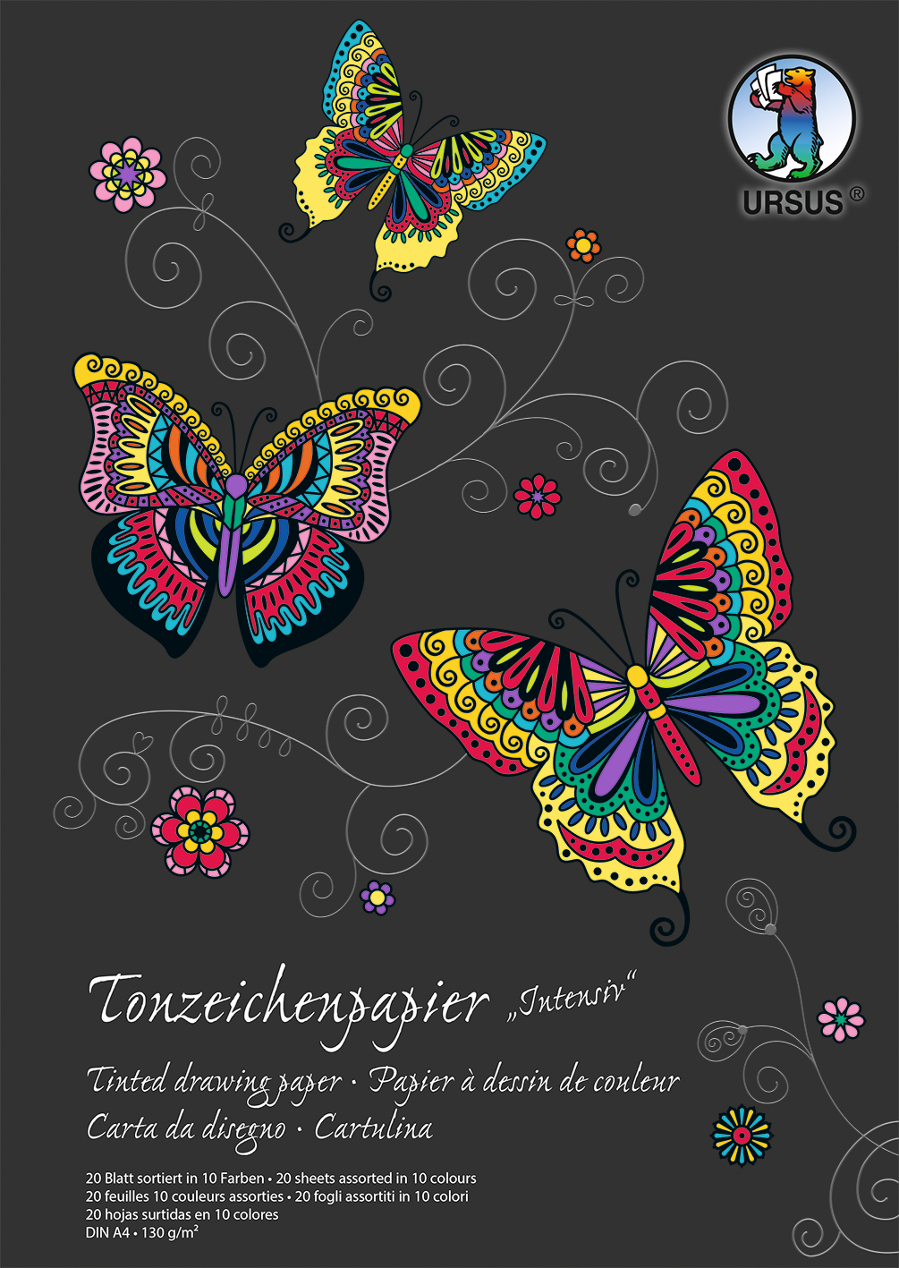 Tonzeichenpapier, 130 g/qm, DIN A4, 20 Blatt, 10 versch. Farben, Block