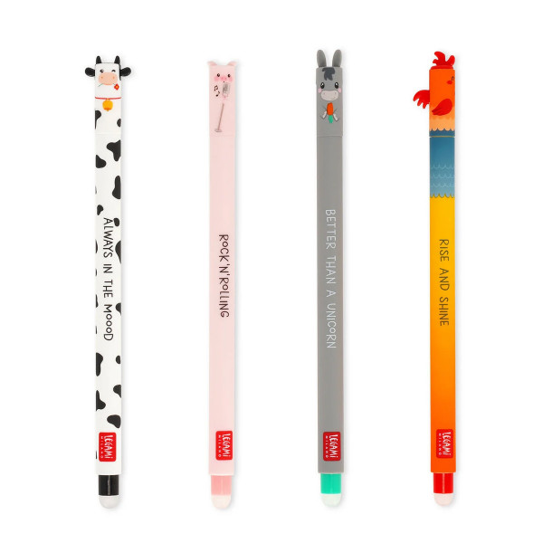 Legami Set mit 4 Löschbaren Gelstiften Sweet Animal Farm - Erasable Pen Bauernhof, Set/4