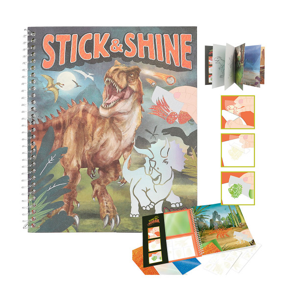 Dino World Colouring Book Stick &amp; Shine, Malbuch mit Dinosaurier-Vorlagen, mit Tatoos und Glitzerfol
